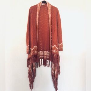 Forever 21 Women’s Cardigan Medium Rust Fringe Boho Ikat Shardigan